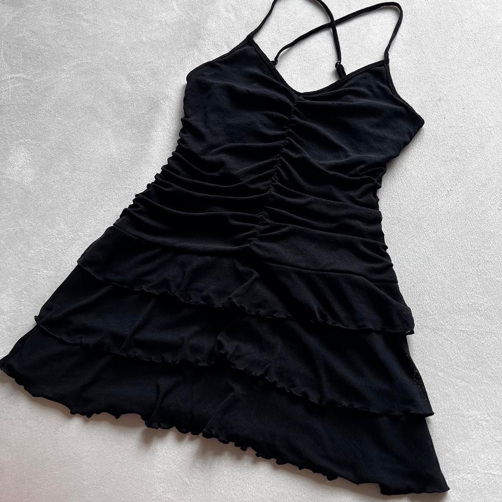 🕸️🖤Goth Whimsigoth Y2K Ruffle Tiered Black Mini Dress Ruched Party Going Out